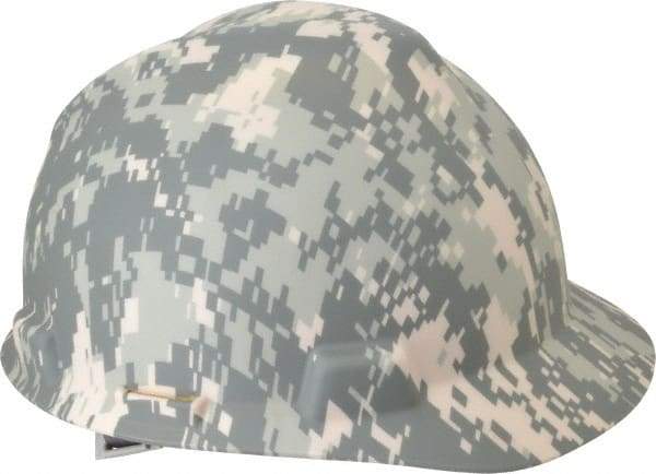 MSA - ANSI Type I, Class E Rated, 4-Point, Ratchet Adjustment Hard Hat - Size 7 to 8-1/2, Standard Brim, Camouflage - Eagle Tool & Supply