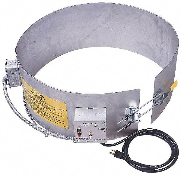 Made in USA - 9-1/4" Wide, 5 Gallon Wrap-Around Drum Heater - 120 Volt, to 800 Watts, 0.9 Amps, 0°F to 165°F Thermostat Rating - Eagle Tool & Supply