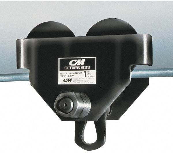 CM - 1 Ton Capacity Wide Range Ball Bearing Trolley - 3" to 8" Flange Width, 3-15/32" Wheel Diam, 5" to 24" I-Beam, 35" Min Radius - Eagle Tool & Supply
