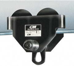 CM - 1/2 Ton Capacity Wide Range Ball Bearing Trolley - 2-1/2" to 5-5/8" Flange Width, 29/32" Wheel Diam, 3" to 15" I-Beam, 35" Min Radius - Eagle Tool & Supply