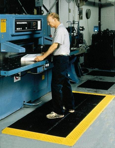 Notrax - 10' Long, Dry/Wet Environment, Anti-Fatigue Matting - Black with Yellow Borders, Vinyl with Vinyl Base, Beveled on 3 Sides - Eagle Tool & Supply