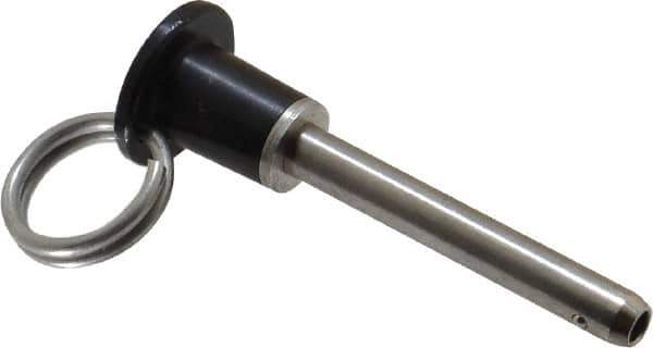Jergens - 1/4" Diam, 1-1/2" Usable Length, Button Handle, Push Button Quick Release Pin - 2-3/4" Overall Length, Grade 17-4 Stainless Steel, Passivated Finish - Eagle Tool & Supply