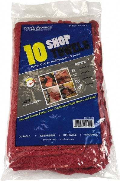 PRO-SOURCE - 14 Inch Long x 15 Inch Wide Virgin Cotton Shop Towel - Red, Ling Free, 10 Sheets per Pack, Bag - Eagle Tool & Supply