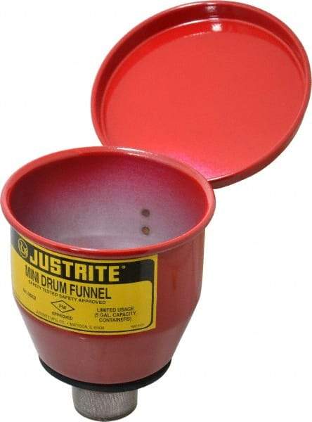 Justrite - 4-1/2" High x 4-1/2" Diam, Galvanized Steel, Manual Closing Pail Funnel with Flame Arrester - 1" Arrester/Tube Length, 5 Gal Drum/Pail Capacity - Eagle Tool & Supply