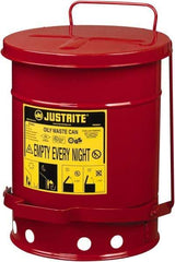 Justrite - 6 Gallon Capacity, Galvanized Steel Disposal Can - 11-7/8 Inch Wide/Diameter x 15-7/8 Inch High, Red, Foot Operated, Approved FM and UL - Eagle Tool & Supply