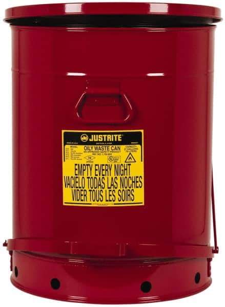 Justrite - 21 Gallon Capacity, Galvanized Steel Disposal Can - 18-3/8 Inch Wide/Diameter x 23-7/16 Inch High, Red, Foot Operated, Approved FM and UL - Eagle Tool & Supply