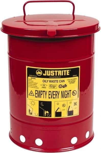 Justrite - 6 Gallon Capacity, Galvanized Steel Disposal Can - 11-7/8 Inch Wide/Diameter x 15-7/8 Inch High, Red, Hand Operated, Approved FM and UL - Eagle Tool & Supply