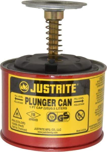 Justrite - 1 Pint Capacity, 5-1/4 Inch High x 4-7/8 Inch Diameter, Steel Plunger Can - 2-3/4 Inch Dasher Diameter, Red, Approval Listing/Regulation FM - Eagle Tool & Supply