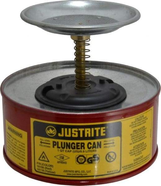 Justrite - 1 Quart Capacity, 5-5/8 Inch High x 7-1/4 Inch Diameter, Steel Plunger Can - 5 Inch Dasher Diameter, Red, Approval Listing/Regulation FM - Eagle Tool & Supply