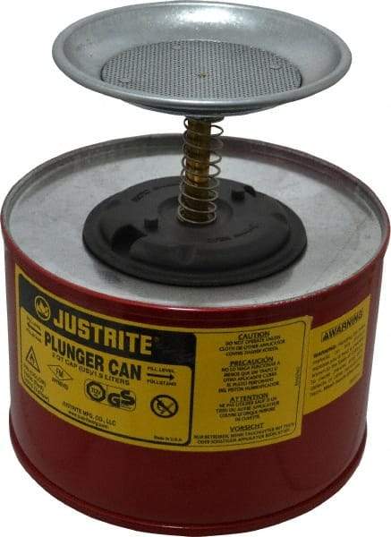 Justrite - 2 Quart Capacity, 7-3/8 Inch High x 7-1/4 Inch Diameter, Steel Plunger Can - 5 Inch Dasher Diameter, Red, Approval Listing/Regulation FM - Eagle Tool & Supply