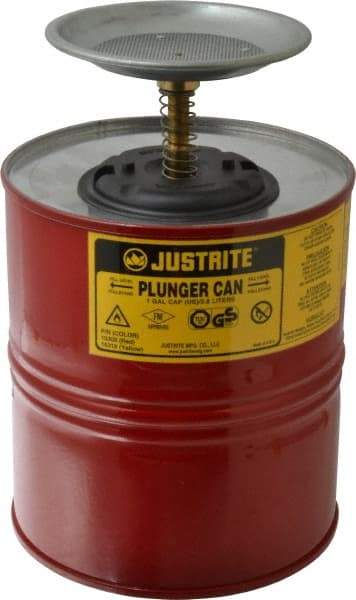 Justrite - 4 Quart Capacity, 10-1/2 Inch High x 7-1/4 Inch Diameter, Steel Plunger Can - 5 Inch Dasher Diameter, Red, Approval Listing/Regulation FM - Eagle Tool & Supply