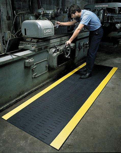 Wearwell - 30' Long x 3' Wide, Dry/Wet Environment, Anti-Fatigue Matting - Black with Yellow Borders, Vinyl with Vinyl Base, Beveled on 4 Sides - Eagle Tool & Supply