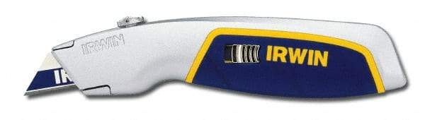 Irwin - Retractable Utility Knife - Silver & Blue Plastic Handle, 3 Blades Included - Eagle Tool & Supply