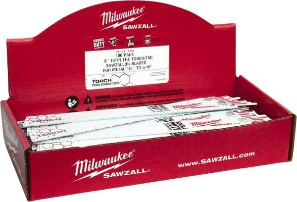 Milwaukee Tool - 9" Long x 1" Thick, Bi-Metal Reciprocating Saw Blade - Straight Profile, 18 TPI, Toothed Edge, Universal Shank - Eagle Tool & Supply