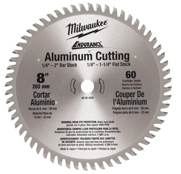 Milwaukee Tool - 8" Diam, 5/8" Arbor Hole Diam, 60 Tooth Wet & Dry Cut Saw Blade - Carbide-Tipped, Burr-Free & Smooth Action, Standard Round Arbor - Eagle Tool & Supply