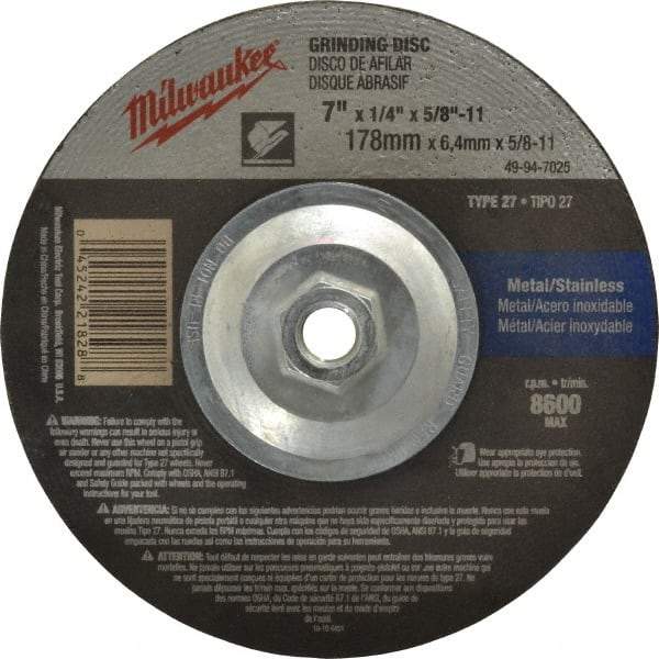 Milwaukee Tool - 24 Grit, 7" Wheel Diam, 1/4" Wheel Thickness, Type 27 Depressed Center Wheel - Aluminum Oxide, Resinoid Bond, R Hardness, 8,600 Max RPM, Compatible with Angle Grinder - Eagle Tool & Supply