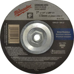 Milwaukee Tool - 24 Grit, 7" Wheel Diam, 1/4" Wheel Thickness, Type 27 Depressed Center Wheel - Aluminum Oxide, Resinoid Bond, R Hardness, 8,600 Max RPM, Compatible with Angle Grinder - Eagle Tool & Supply