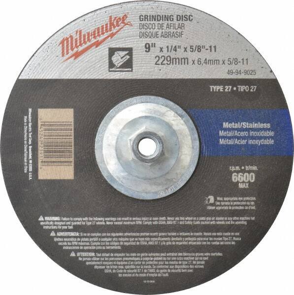 Milwaukee Tool - 24 Grit, 9" Wheel Diam, 1/4" Wheel Thickness, Type 27 Depressed Center Wheel - Aluminum Oxide, Resinoid Bond, R Hardness, 6,600 Max RPM, Compatible with Angle Grinder - Eagle Tool & Supply