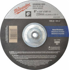 Milwaukee Tool - 24 Grit, 9" Wheel Diam, 1/4" Wheel Thickness, Type 27 Depressed Center Wheel - Aluminum Oxide, Resinoid Bond, R Hardness, 6,600 Max RPM, Compatible with Angle Grinder - Eagle Tool & Supply