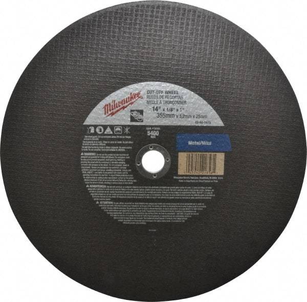 Milwaukee Tool - 14" 24 Grit Aluminum Oxide Cutoff Wheel - 1/8" Thick, 1" Arbor, 5,400 Max RPM, Use with Angle Grinders - Eagle Tool & Supply