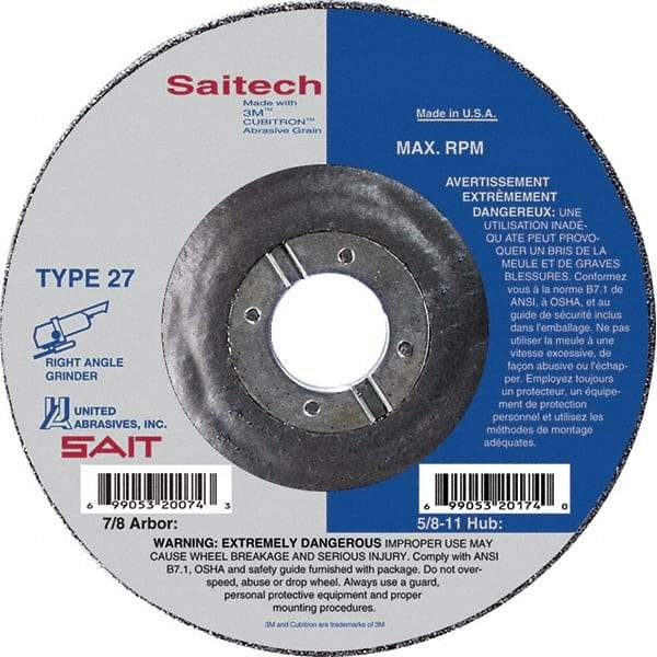 Sait - 4" Wheel Diam, 1/4" Wheel Thickness, 5/8" Arbor Hole, Type 27 Depressed Center Wheel - Ceramic, Resinoid Bond, 13,500 Max RPM, Compatible with Angle Grinder - Eagle Tool & Supply