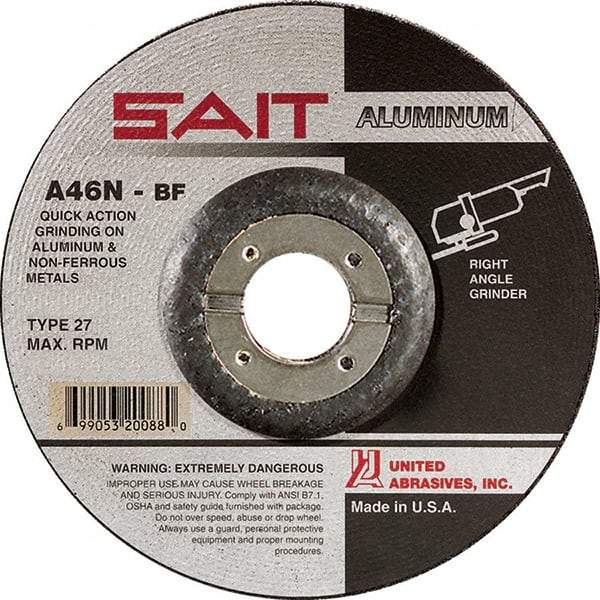 Sait - 46 Grit, 5" Wheel Diam, 1/4" Wheel Thickness, 7/8" Arbor Hole, Type 27 Depressed Center Wheel - Aluminum Oxide, Resinoid Bond, N Hardness, 12,200 Max RPM, Compatible with Angle Grinder - Eagle Tool & Supply