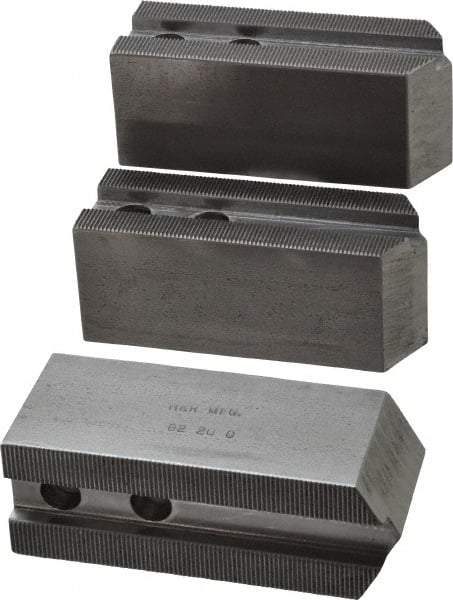 H & R Manufacturing - 1.5mm x 60° Serrated Attachment, Square Soft Lathe Chuck Jaw - 3 Jaws, Steel, 1.181" Btw Mount Hole Ctrs, 5" Long x 1-3/4" Wide x 2" High, 0.63" Groove, 12mm Fastener - Eagle Tool & Supply