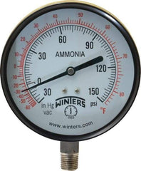 Winters - 4" Dial, 1/4 Thread, 30-0-150 Scale Range, Pressure Gauge - Lower Connection Mount, Accurate to 3-2-3% of Scale - Eagle Tool & Supply