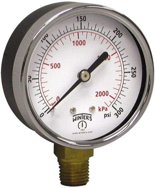 Winters - 2-1/2" Dial, 1/4 Thread, 0-300 Scale Range, Pressure Gauge - Lower Connection Mount, Accurate to 3-2-3% of Scale - Eagle Tool & Supply