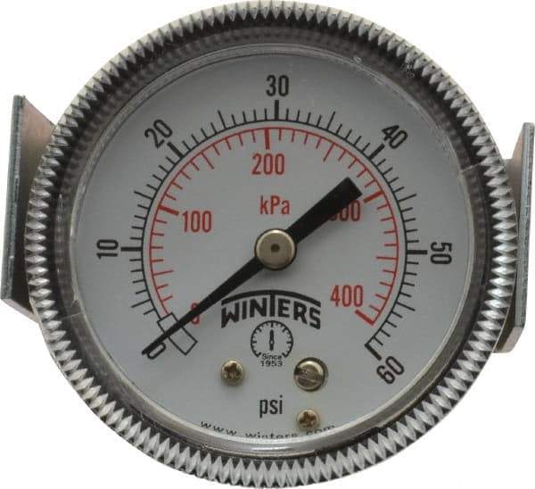 Winters - 2" Dial, 1/8 Thread, 0-60 Scale Range, Pressure Gauge - U-Clamp Panel Mount, Center Back Connection Mount, Accurate to 2.5% of Scale - Eagle Tool & Supply