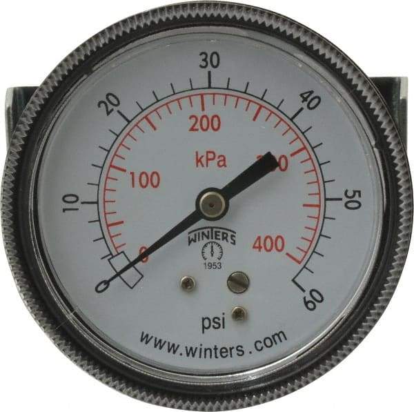 Winters - 2-1/2" Dial, 1/4 Thread, 0-60 Scale Range, Pressure Gauge - U-Clamp Panel Mount, Center Back Connection Mount, Accurate to 2.5% of Scale - Eagle Tool & Supply