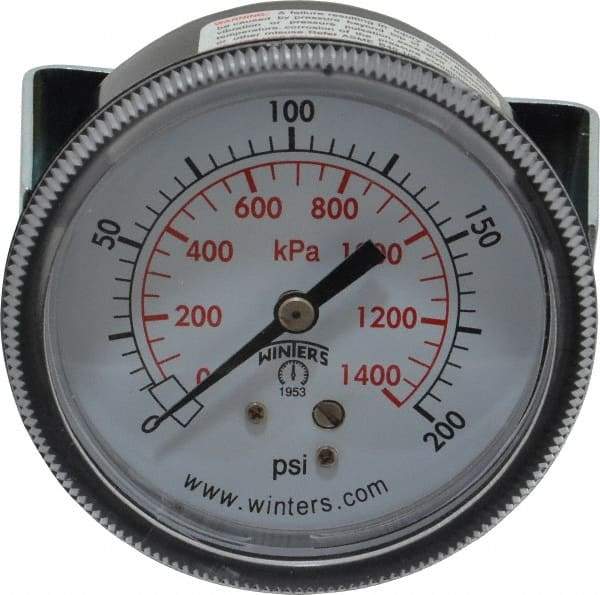 Winters - 2-1/2" Dial, 1/4 Thread, 0-200 Scale Range, Pressure Gauge - U-Clamp Panel Mount, Center Back Connection Mount, Accurate to 2.5% of Scale - Eagle Tool & Supply