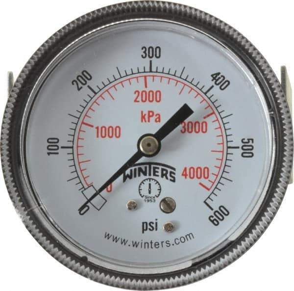 Winters - 2-1/2" Dial, 1/4 Thread, 0-600 Scale Range, Pressure Gauge - U-Clamp Panel Mount, Center Back Connection Mount, Accurate to 2.5% of Scale - Eagle Tool & Supply