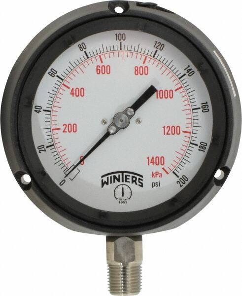 Winters - 4-1/2" Dial, 1/2 Thread, 0-200 Scale Range, Pressure Gauge - Lower Connection Mount, Accurate to 0.5% of Scale - Eagle Tool & Supply