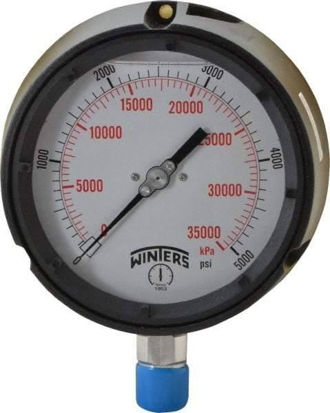 Winters - 4-1/2" Dial, 1/2 Thread, 0-5,000 Scale Range, Pressure Gauge - Lower Connection Mount, Accurate to 0.5% of Scale - Eagle Tool & Supply