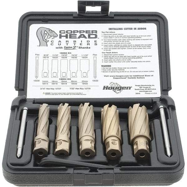 Hougen - 8 Piece, 9/16 to 1-1/16" Cutter Diam, 2" Cutting Depth, Carbide-Tipped Annular Cutter Set - Bright Finish, 3/4" Shank Diam, 9/16, 11/16, 13/16, 15/16, 1-1/16" Cutter Diams, 2 Flats on Shank - Eagle Tool & Supply