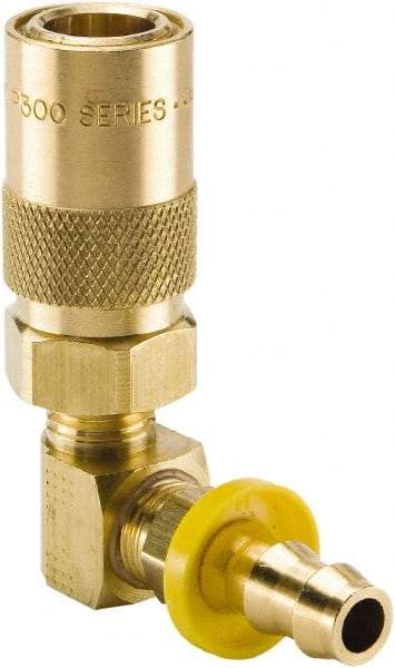 Parker - Nonthreaded Brass Hydraulic Hose Push-Lok Hose Barb Coupler & 90° Fitting - 200 psi, 12 GPM, 3/4" Hose Diam, Series Moldmate - Eagle Tool & Supply
