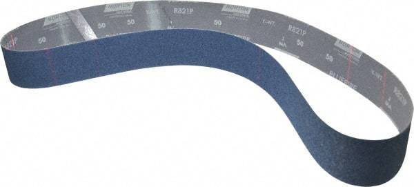 Norton - 2-1/2" Wide x 60" OAL, 50 Grit, Zirconia Alumina Abrasive Belt - Zirconia Alumina, Coarse, Coated, Y Weighted Cloth Backing, Dry, Series R821 - Eagle Tool & Supply