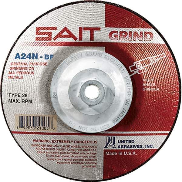 Sait - 24 Grit, 4-1/2" Wheel Diam, 1/4" Wheel Thickness, Type 28 Depressed Center Wheel - Aluminum Oxide, Resinoid Bond, N Hardness, 13,300 Max RPM, Compatible with Angle Grinder - Eagle Tool & Supply