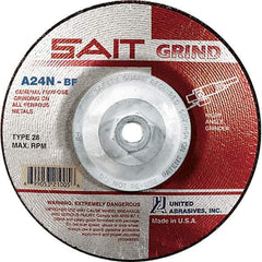Sait - 24 Grit, 4-1/2" Wheel Diam, 1/4" Wheel Thickness, Type 28 Depressed Center Wheel - Aluminum Oxide, Resinoid Bond, N Hardness, 13,300 Max RPM, Compatible with Angle Grinder - Eagle Tool & Supply