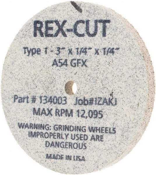 Rex Cut Product - 3" Diam x 1/4" Hole x 1/4" Thick, 54 Grit Surface Grinding Wheel - Aluminum Oxide, Type 1, Coarse Grade, 12,095 Max RPM, Rubber Bond, No Recess - Eagle Tool & Supply