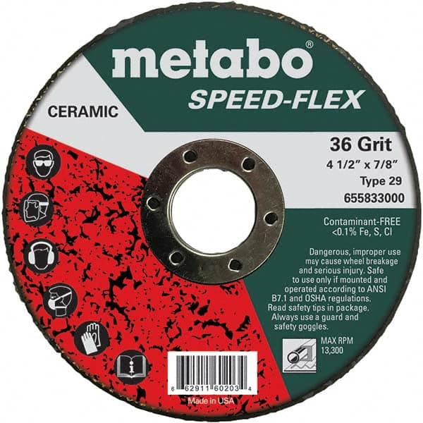 Metabo - 4-1/2" Diam, 7/8" Hole, 36 Grit Ceramic Alumina Fiber Disc - Eagle Tool & Supply