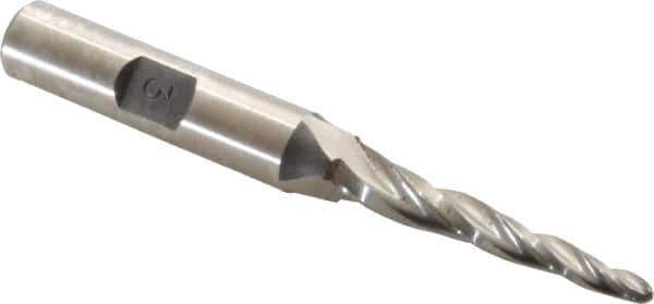 Made in USA - 3° Taper Angle per Side, 1/8" Small End Diam, 1-1/2" LOC, High Speed Steel 3 Flute Tapered Ball End Mill - 3-1/4" OAL, 3/8" Shank Diam - Eagle Tool & Supply