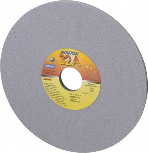 Norton - 8" Diam x 1-1/4" Hole x 1/4" Thick, L Hardness, 80 Grit Surface Grinding Wheel - Aluminum Oxide, Type 1, Medium Grade, 3,600 Max RPM, Vitrified Bond, No Recess - Eagle Tool & Supply