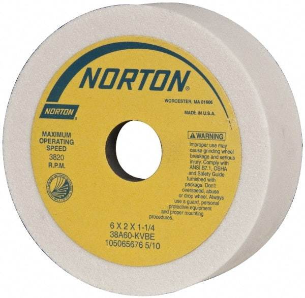 Norton - 6" Diam, 1-1/4" Hole Size, 2" Overall Thickness, 60 Grit, Type 6 Tool & Cutter Grinding Wheel - Medium Grade, Aluminum Oxide, K Hardness, Vitrified Bond, 3,820 RPM - Eagle Tool & Supply