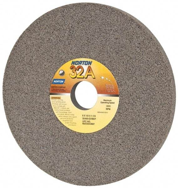Norton - 8" Diam x 1-1/4" Hole x 1/2" Thick, G Hardness, 60 Grit Surface Grinding Wheel - Aluminum Oxide, Type 1, Medium Grade, 3,600 Max RPM, Vitrified Bond, No Recess - Eagle Tool & Supply