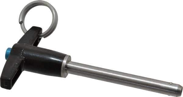 Jergens - 1/4" Diam, 2" Usable Length, T Handle, Push Button Quick Release Pin - 3-1/2" Overall Length, Grade 17-4 Stainless Steel, Passivated Finish - Eagle Tool & Supply
