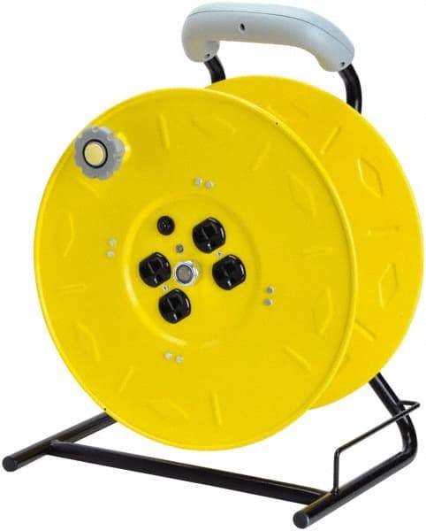 Value Collection - 12 AWG, 100' Cable Length, Cord & Cable Reel with Outlet End, No Cable - 4 Outlets, NEMA 5-15R, 15 Amps, 125 Volts, SO Cable, Yellow Reel, Hand Crank Reel - Eagle Tool & Supply