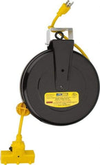 Value Collection - 14 AWG, 30' Cable Length, Cord & Cable Reel with Outlet End - 3 Outlets, NEMA 5-15R, 13 Amps, 125 Volts, SJT Cable, Black Reel - Eagle Tool & Supply