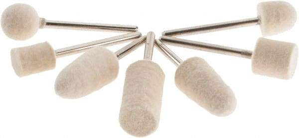 Value Collection - 7 Piece, 1/8" Shank Diam, Wool Felt Bob Set - Medium Density, Includes Ball, Cone, Cylinder, Flame, Olive & Oval Bobs - Eagle Tool & Supply